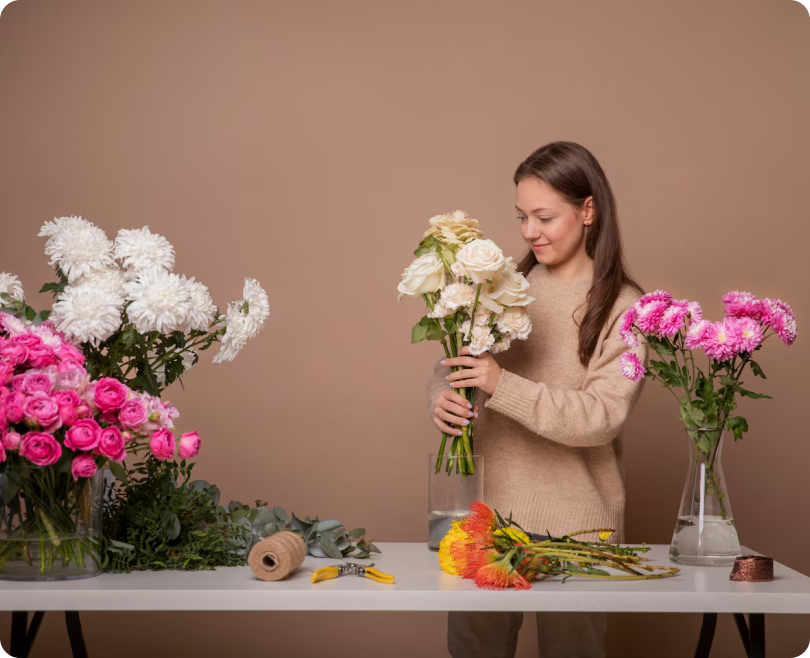 Florist arranging fresh bouquets at a worktable