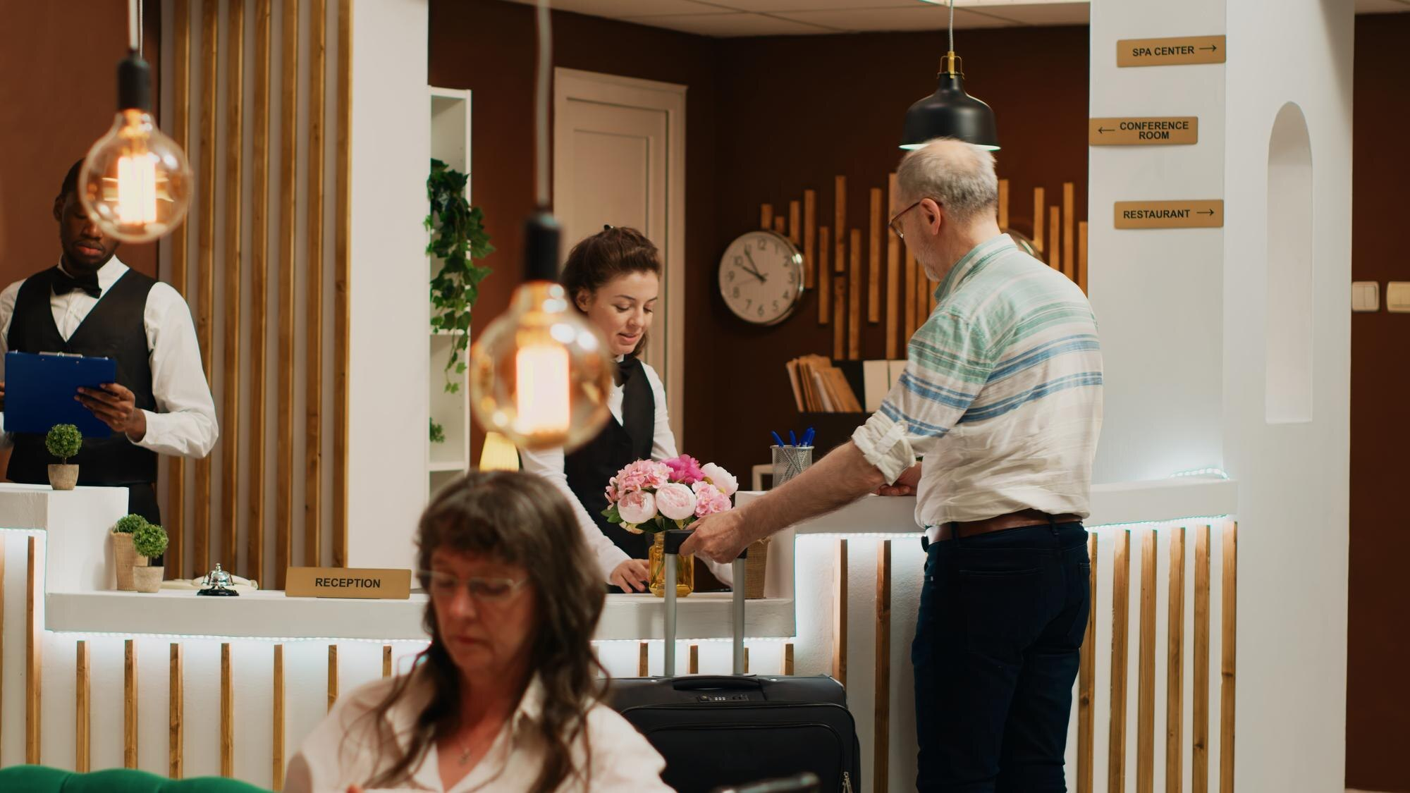 Hotel guest carrying flowers