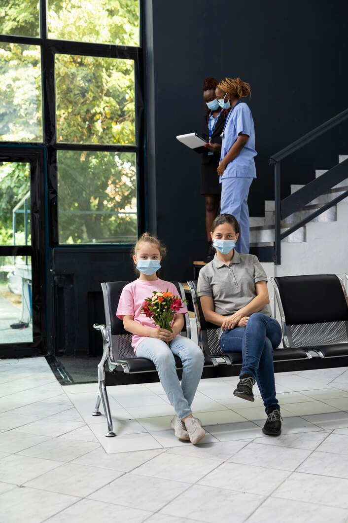 Family seated in a hospital waiting area with white flowers