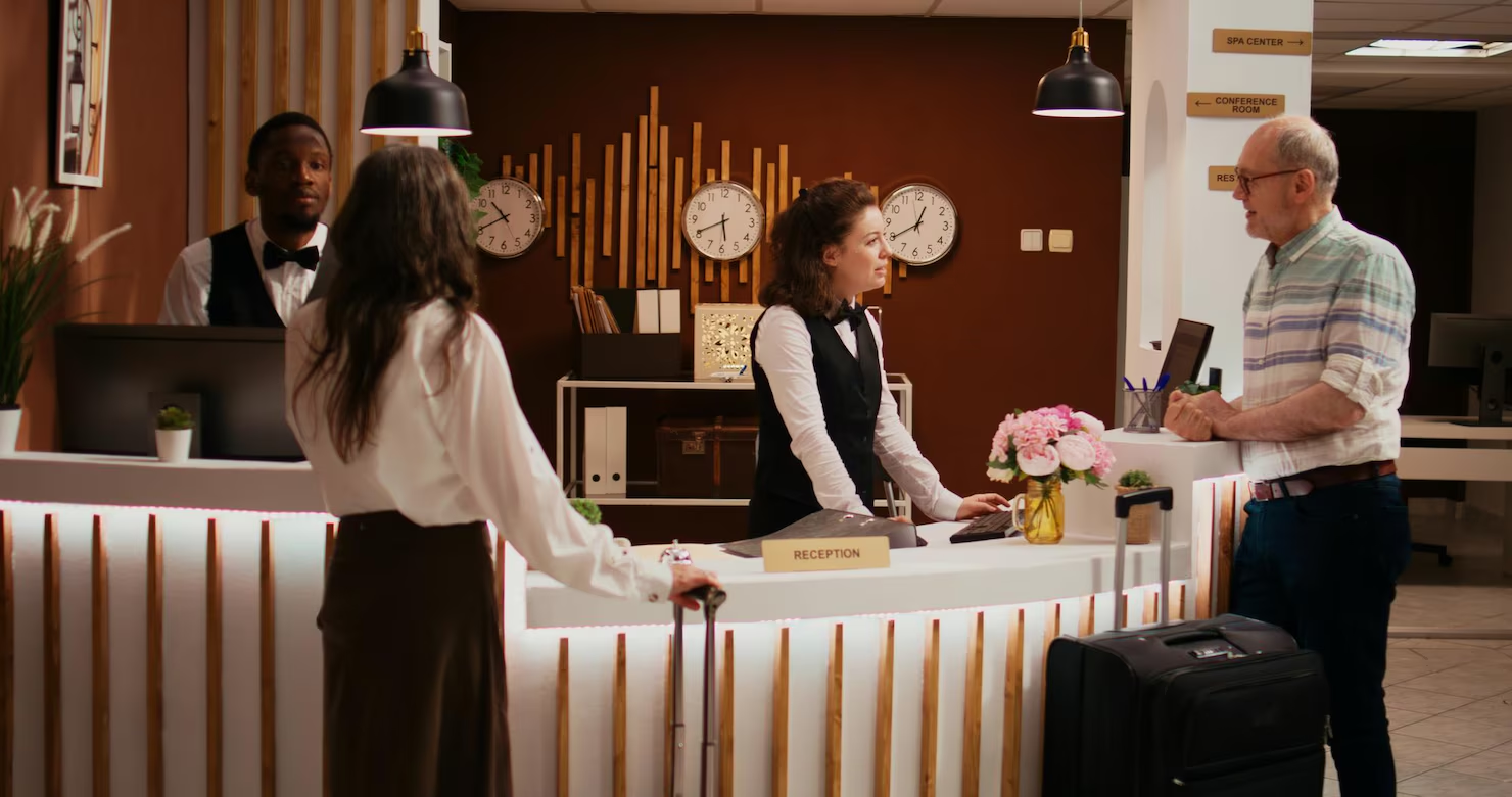 Hotel concierge desk with flowers