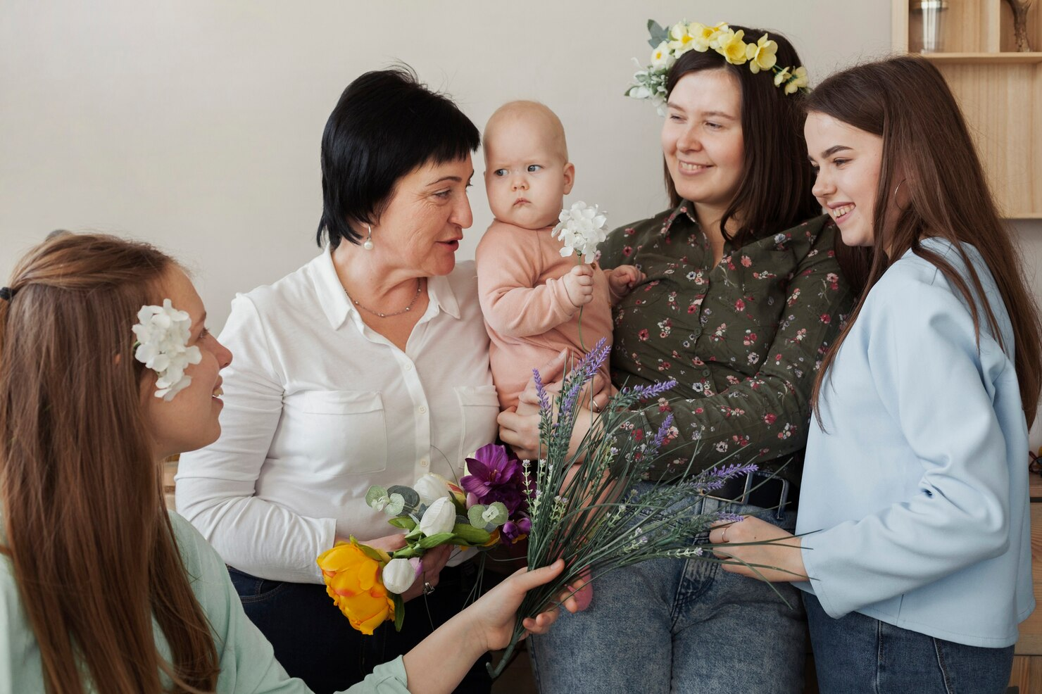 Family receiving fresh flowers